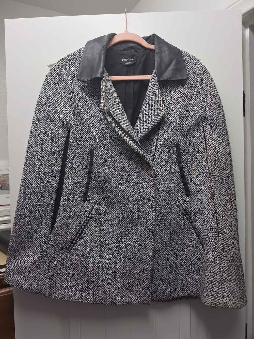 Bebe Black & White Herringbone Wool-Blend Cape with Faux Leather Collar